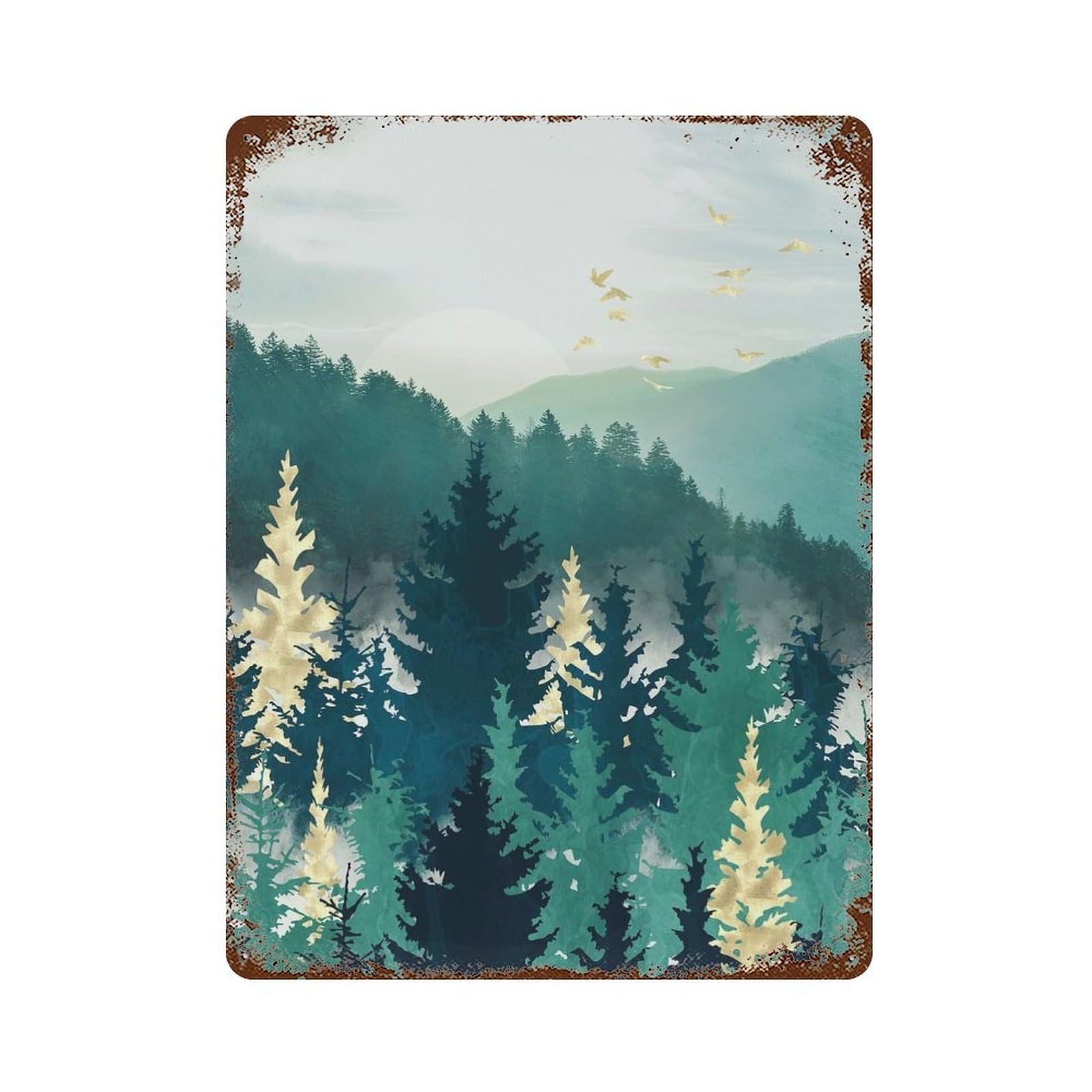 Rust Effect Blue Forest Mist Rusty Metal Tin Sign 15.7"x11.8", Farmhouse Wall Decor for Cafe, Home Bar And Lounge Decor