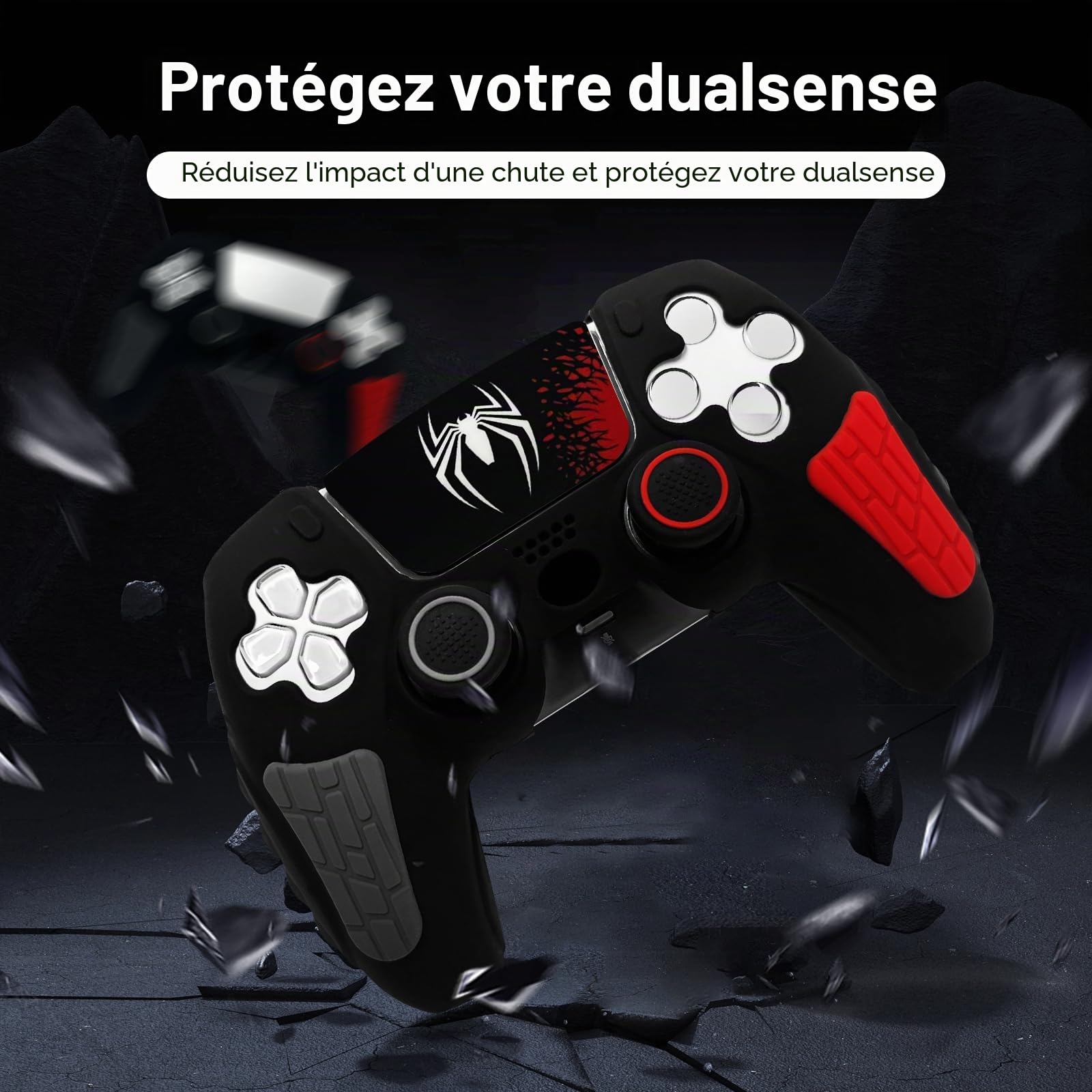 Skin antidérapant pour manette PS5 araignée noire, coque de protection en silicone souple et épaisse compatible avec manette PS5/Slim/Pro avec 2 capuchons de pouce, protections de joystick