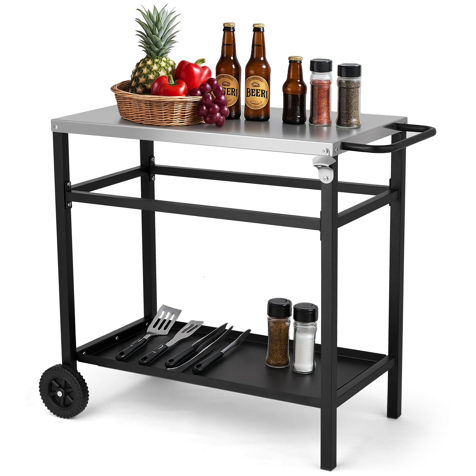LEADZM Grillwagen - Grilltisch Outdoor, 95 x 45 x 83 cm, Schreibtisch aus Edelstahl Silber, Mit Rädern, mobil, Servierwagen für Gärten Schwarz