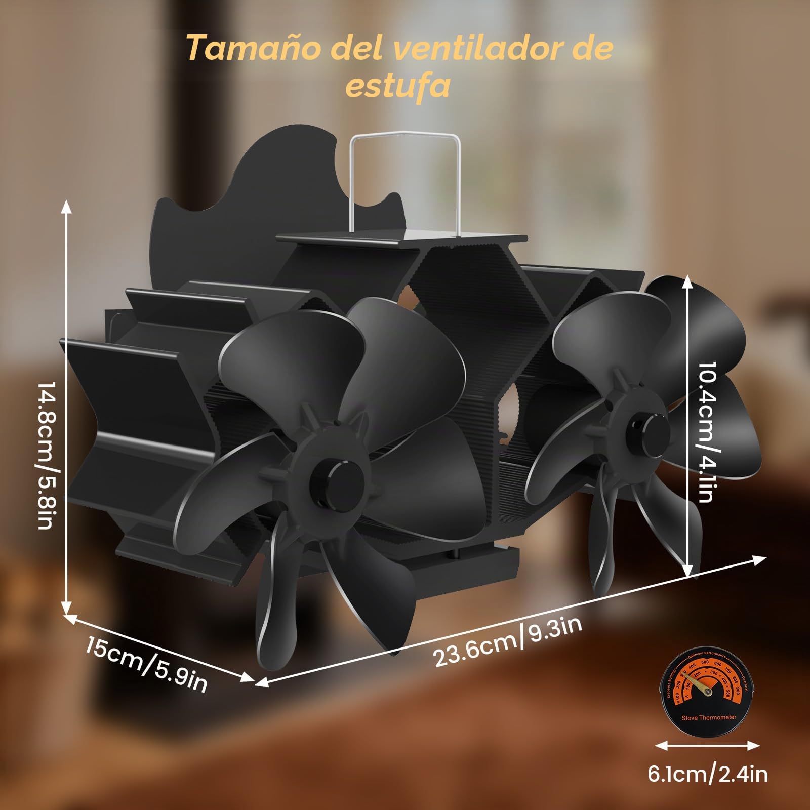 Ventilador magnético de doble cabeza para estufa con 12 aspas accionado térmicamente sin fuente de alimentación con termómetro