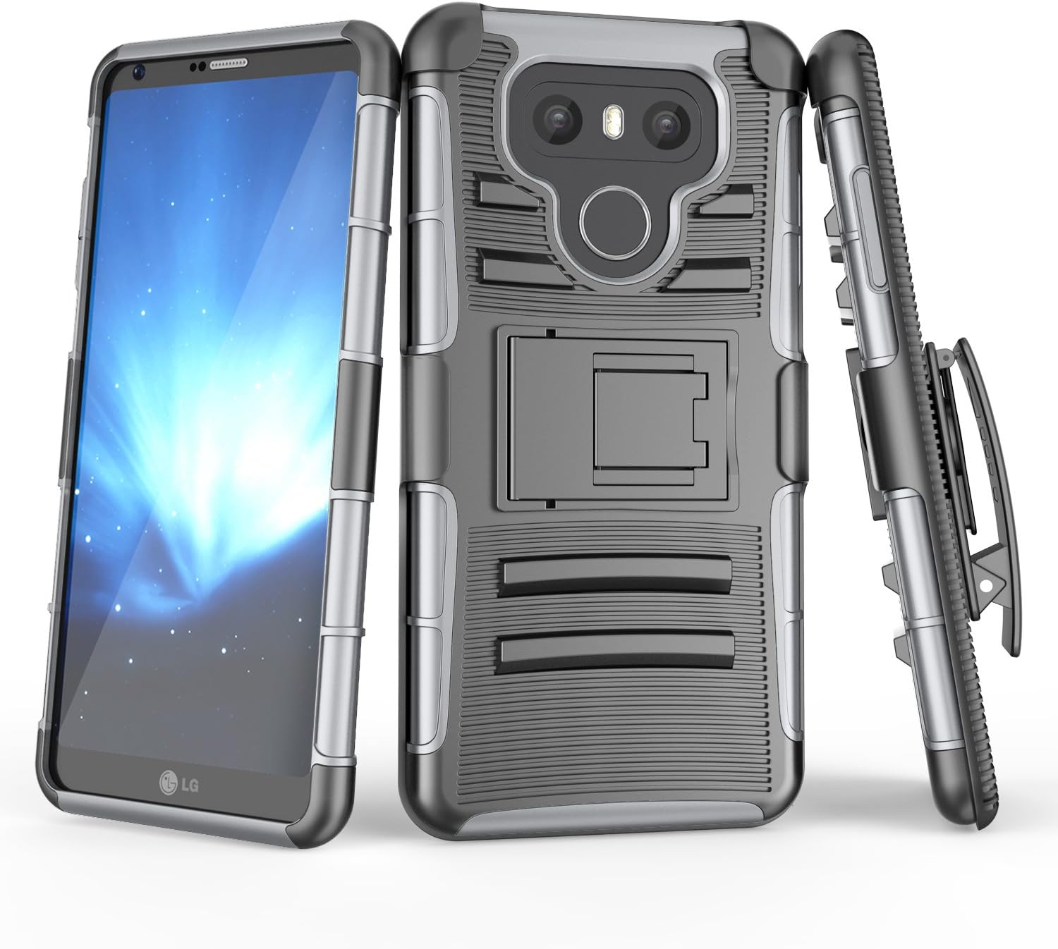 TILL Compatible for LG G6 Case, [Knight Armor] [Gray] Heavy Duty Full-Body Rugged Holster Resilient Armor Case [Belt Swivel Clip][Kickstand] Defender Combo Cover Shell for LG G6