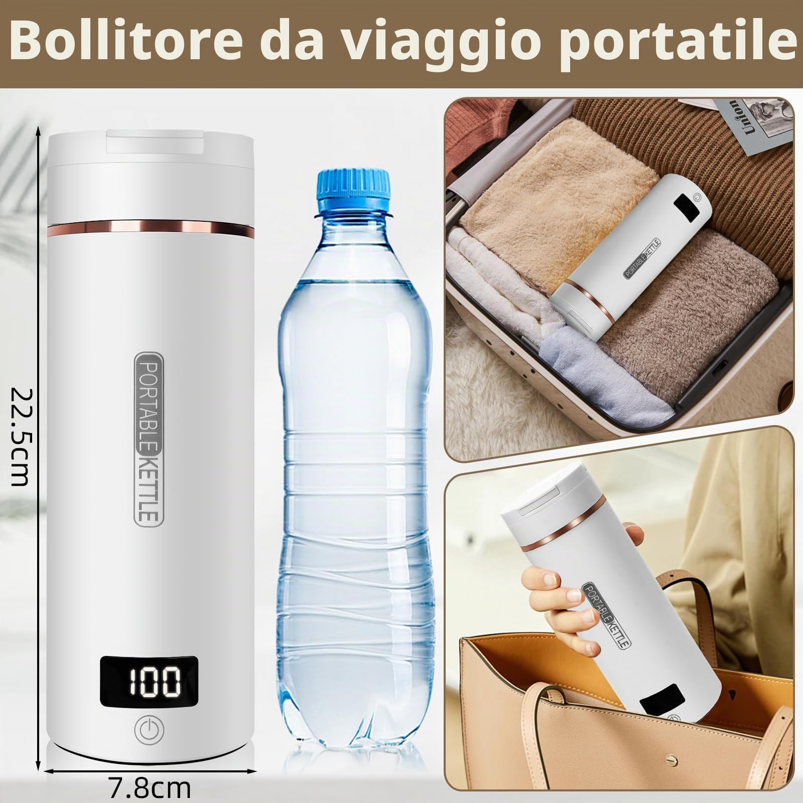 Bollitore da viaggio in acciaio inox 316, 450 ml, 6 impostazioni di temperatura, 240 V/300 W, catena elettrica con spegnimento automatico per tè, caffè