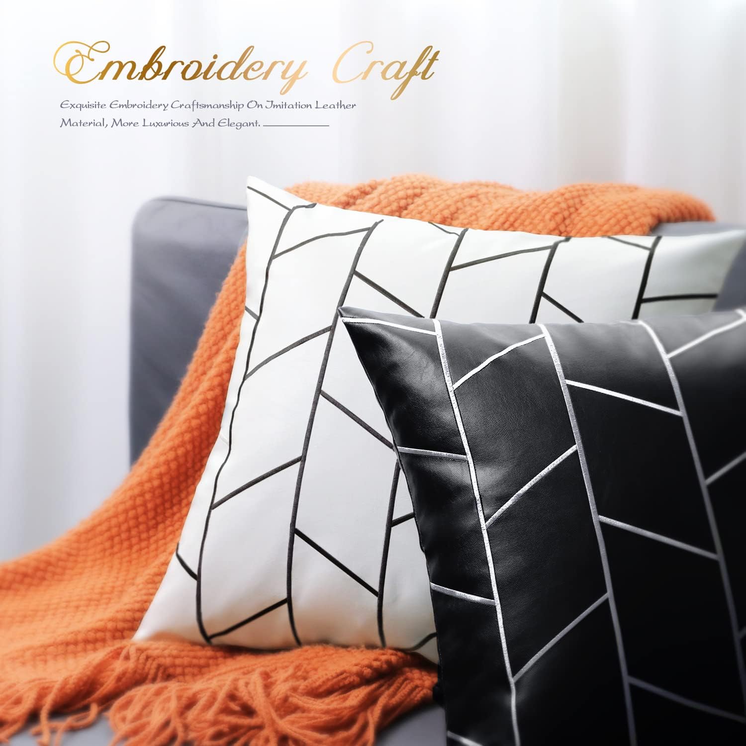 BRAWARM Faux Leather Pillow Covers 22 X 22 Inches, Black and White Leather Pillow Covers Pack of 2, Geometric Embroidery Leather Decorative Throw Pillows for Living Room Couch Bed Sofa Home