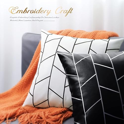 Miniatura 5 de BRAWARM Fundas de almohada de piel sintética de 22 x 22 pulgadas, fundas de almohada de cuero blanco y negro, paquete de 2, almohadas decorativas de