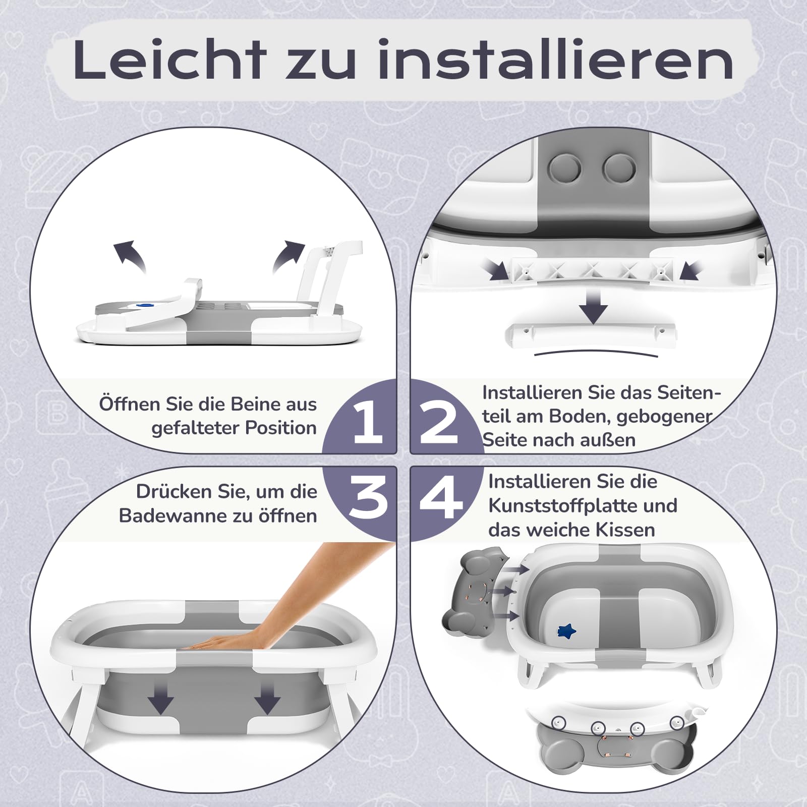 COOSEYA Baby Badewanne, Faltbare Babywanne mit Babybadewanne Stützkissen, Portable Baby Bathtub als Wesentliche Artikel für Neugeborene und Kleinkind, Frosch - Design (Grau)