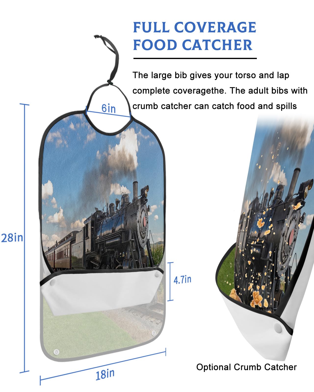 QueenKer Funny Adult Bibs for Eating, Train Go Through The Field Waterproof Clothing Protector Washable Adult Bib with Crumb Catcher for Men Women Elderl and Seniors