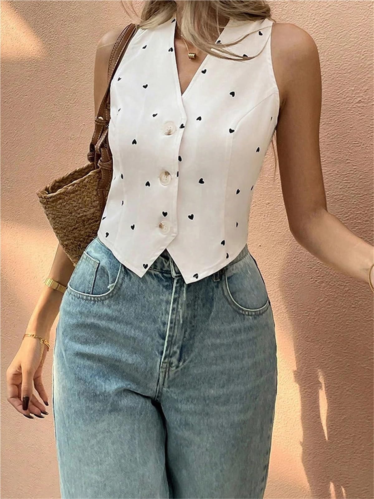 Blusa sin Mangas con Cuello en V for Mujer, Informal, Botones y Tirantes Finos, de Verano para Mujer