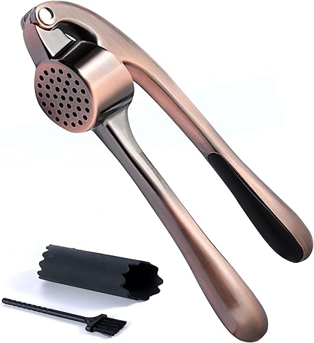 Kitessensu Juego de prensa de ajo de alta eficacia, con pelador de ajo y cepillo de silicona, picadora de ajo resistente, fácil de apretar y