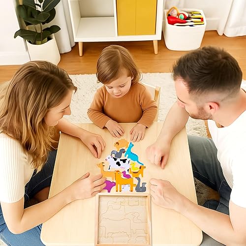 Miniatura 3 de LovesTown Rompecabezas de dinosaurio apilable, 12 piezas, juguetes de dinosaurio de madera preescolar, rompecabezas gruesos para regalo de