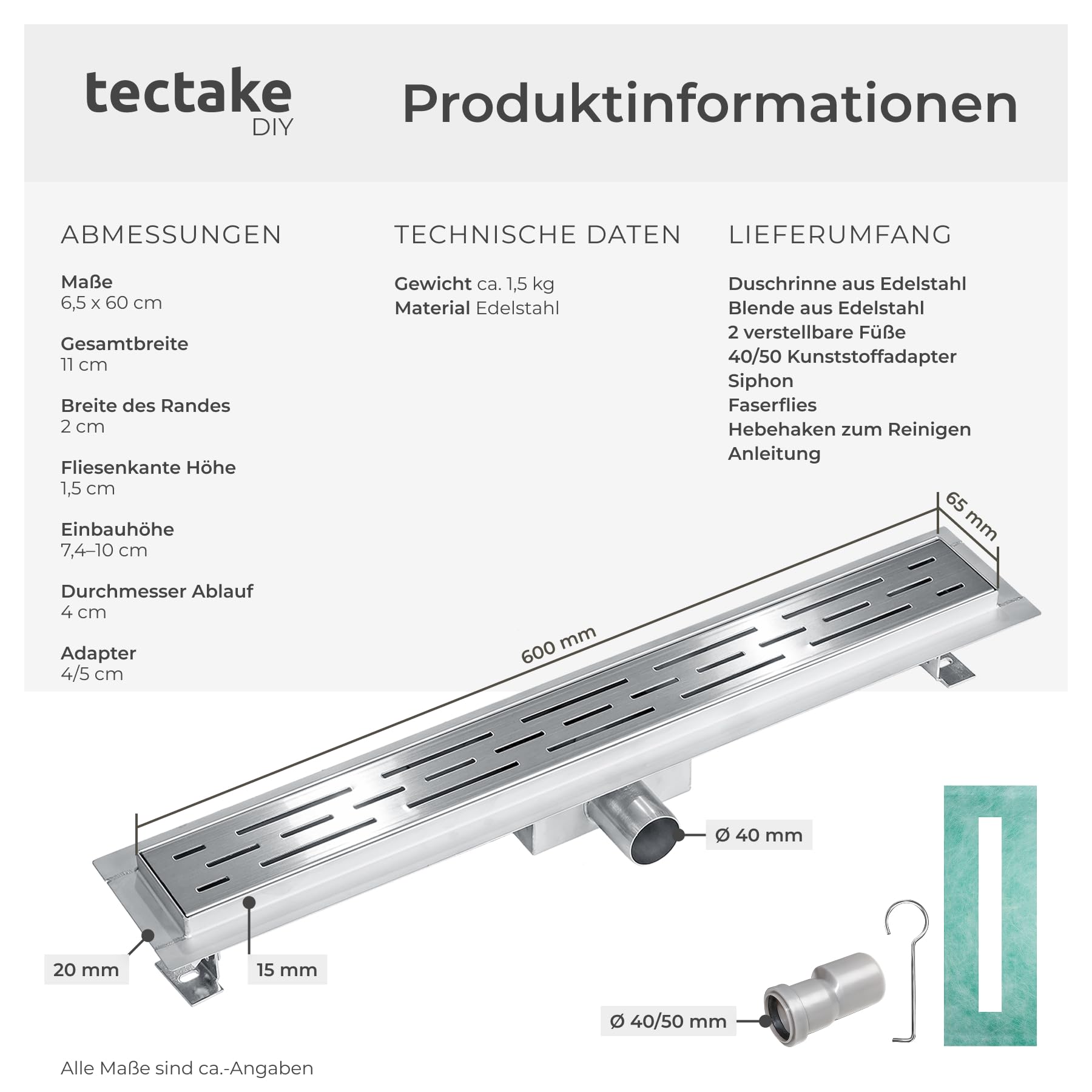 tectake® Edelstahl Duschrinne, Abfluss Dusche, Bodenablauf Dusche, begehbare Dusche, Ablaufrinne, Duschablauf, Duschabfluss Rinne mit Siphon, Sieb und Geruchsstopp - Duschrinne 60cm