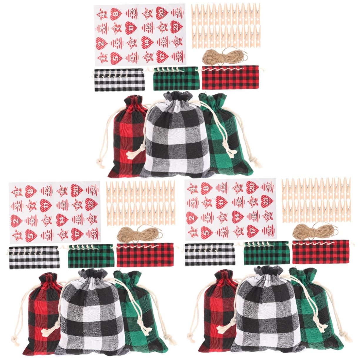 DEARMAMY 3 Set Sacchetti Natalizi in Lino con Coulisse Borse per Dolci e Caramelle Riutilizzabili Design Verde e Nero con Adesivi Cuore Festa e Regali Natale