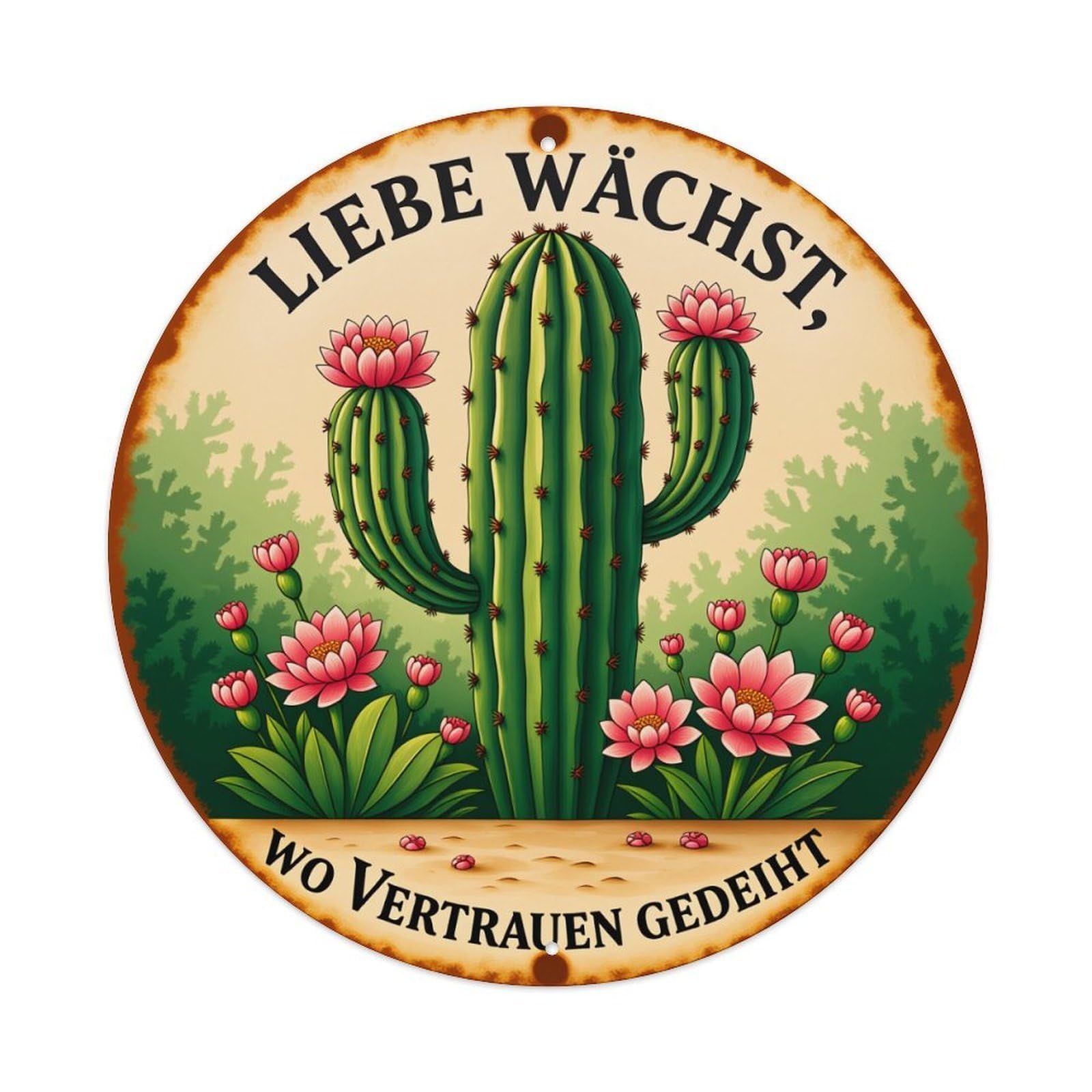 Cactus Flowers Desert Landscape Sign Round Tin Sign Vintage Metal Poster Retro Bar, Home, Man Cave, Kitchen, Laundry Room Wall Art Decor Gift 8x8Inch