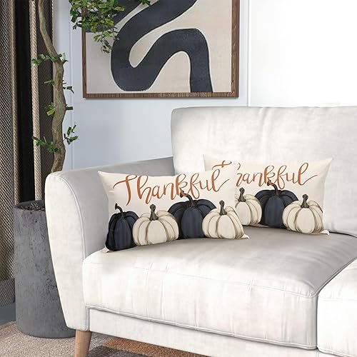 Miniatura 6 de Juego de 2 fundas de almohada de calabazas azules y blancas decorativas de otoño de 12 x 20 pulgadas, juego de 2 fundas de almohada de otoño de