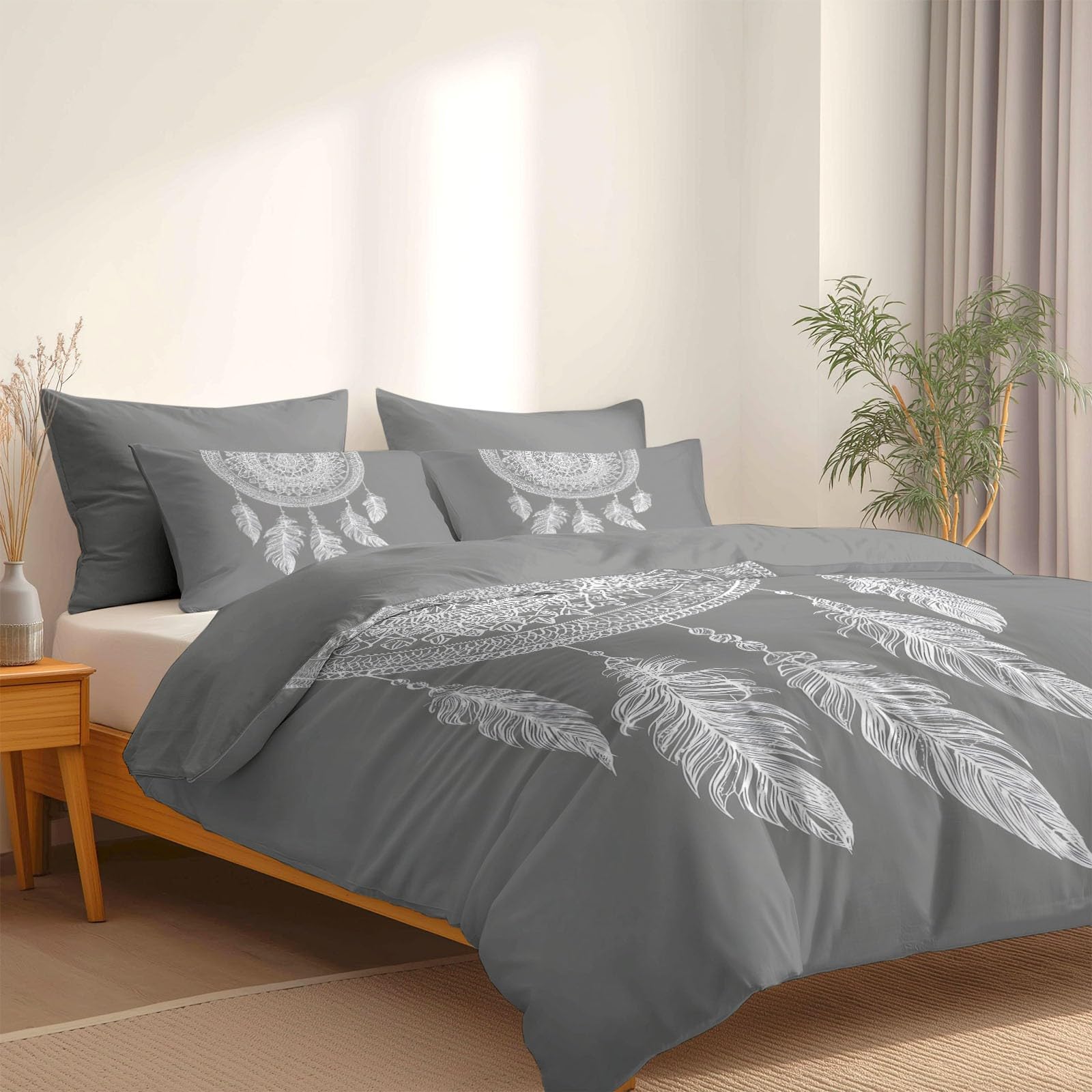 Generisch Romantischer Boho 3-teiliges Bettwäsche-Set, Grau 1 Bettbezug 180 x 200 cm und 2 Kissenbezüge 80 x 80 cm, Spitze Feder TraumfängerWeiche Mikrofaser, Reißverschluss, Ganzjahres