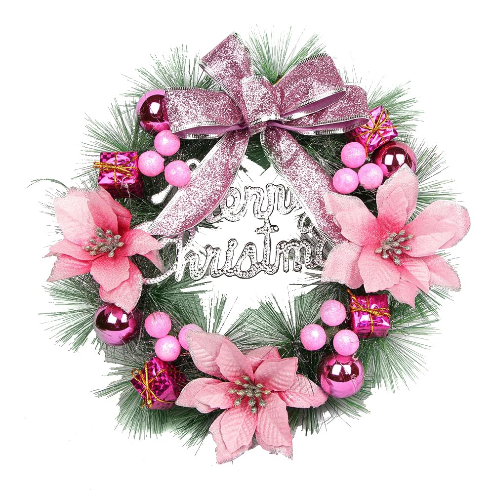 PAIKOE Christmas Wreaths for Front Door, 40cm/15.7in Christmas Door Wreath Winter Artificial Christmas Garland Christmas Decorative Wreath for Indoor Outdoor Christmas Decoration (Pink)