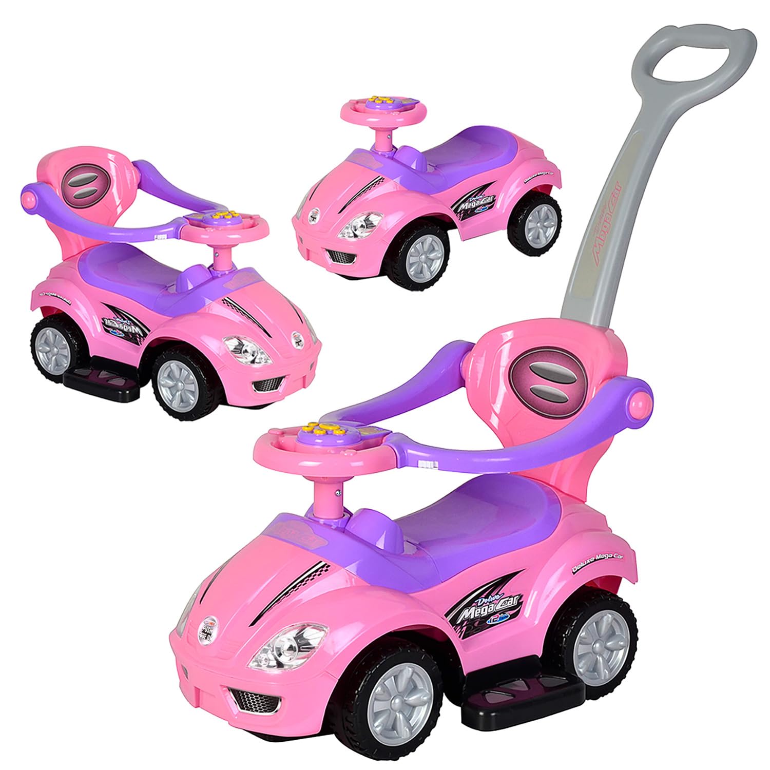 ChromeWheels Push Cars for Toddlers, 3 in 1 Ride on Push Car with Guardrail, Ride on Toys Mega Car w/Push Handle & Horn & Music & Under Seat Storage, Pink