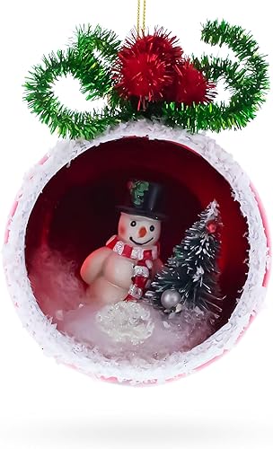 Miniatura 2 de Adorno de cristal soplado con muñeco de nieve festivo y su árbol de Navidad