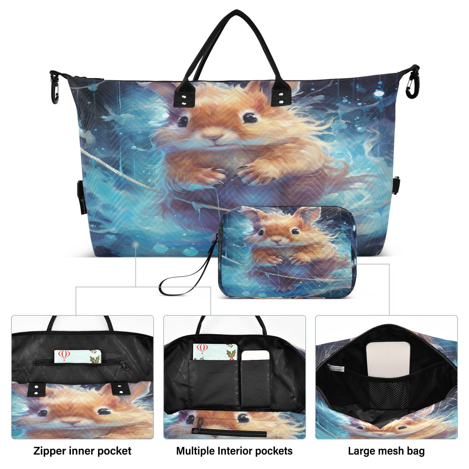 Fancy Blue Watercolor Squirrel Sports Swim Gym Bag Weekender Duffel Travel Bags Handbag with Makeup Storage Bag for Girls Men