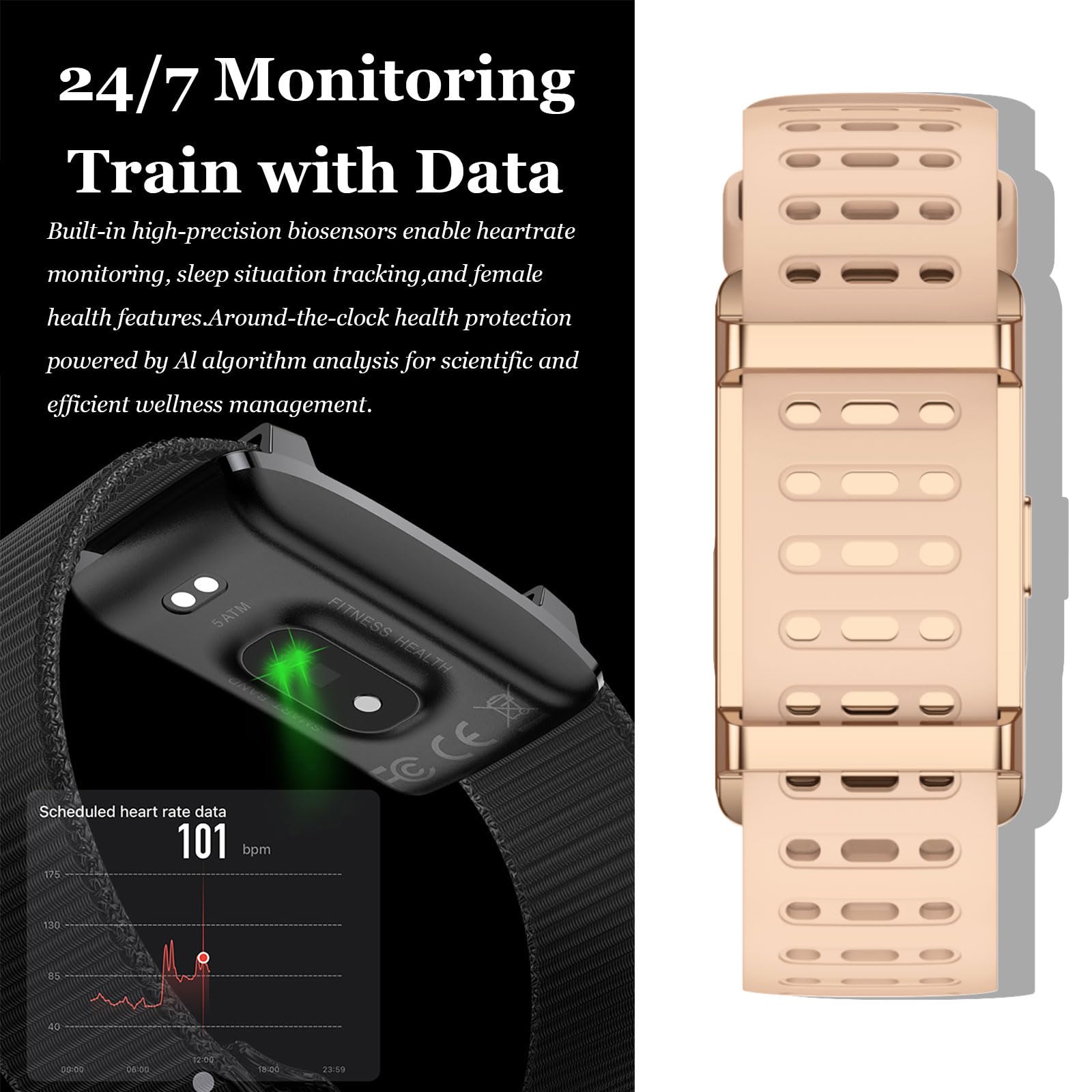 findtime Tracker d'activité sans écran - Podomètre portable - Moniteur de fréquence cardiaque - Moniteur de sommeil - Mesure de la fréquence cardiaque - Bracelet en nylon - Mode multisports - Or rose