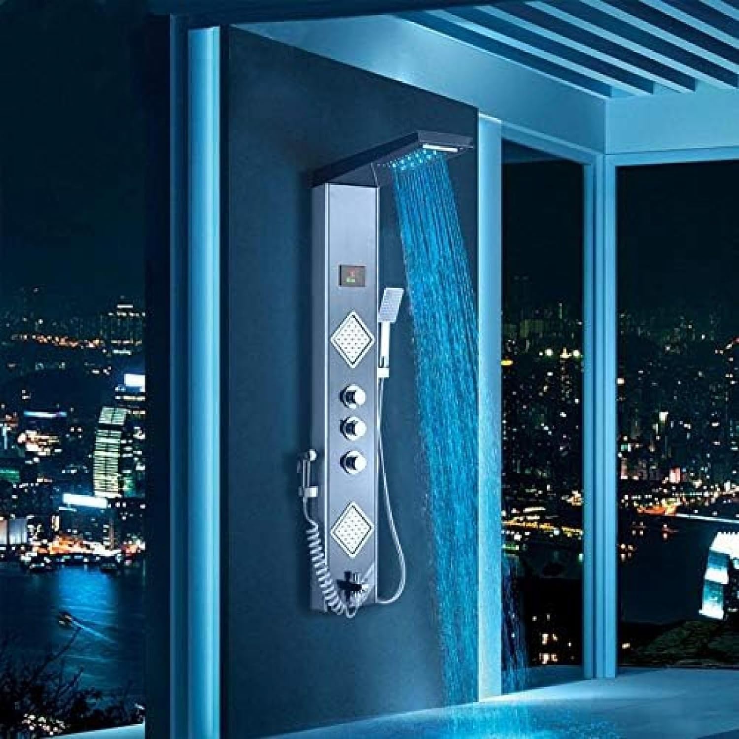 VASDEV Panel para Ducha LED Negro y Gris, Columna de Lluvia, Cascada, Cabezal de Ducha, Pantalla Digital, Temperatura, 3 manijas, Grifo Mezclador, pulverizador, Ducha de bidé