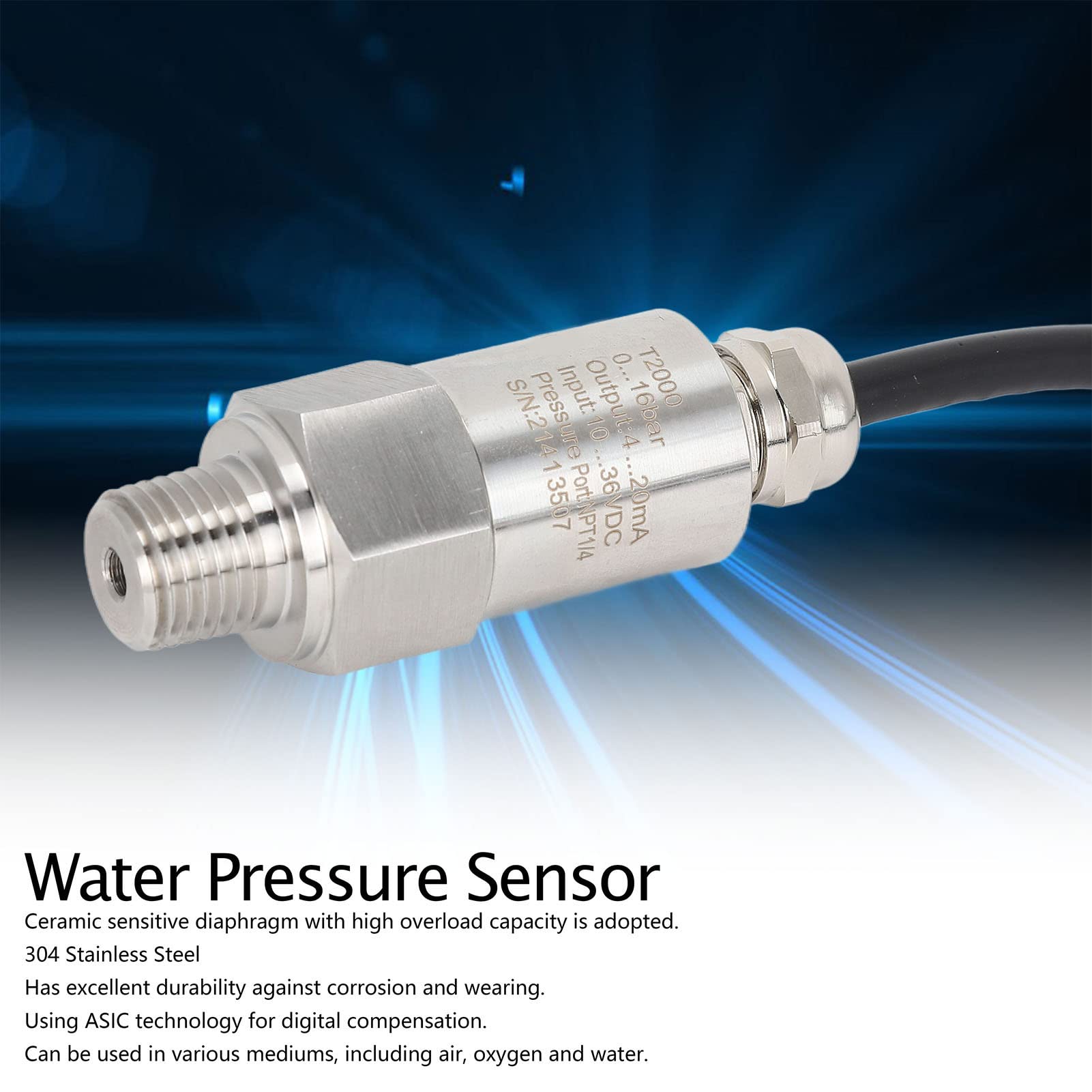 Pressure Transmitter, Air Pressure Transmitter, 304 Stainless Steel, ASIC Technology, 0-16 Bar Range, 1.0% F.S Accuracy, 2 Wire System Pressure Transmitter for Air, Water, Oxygen(Straight Line)