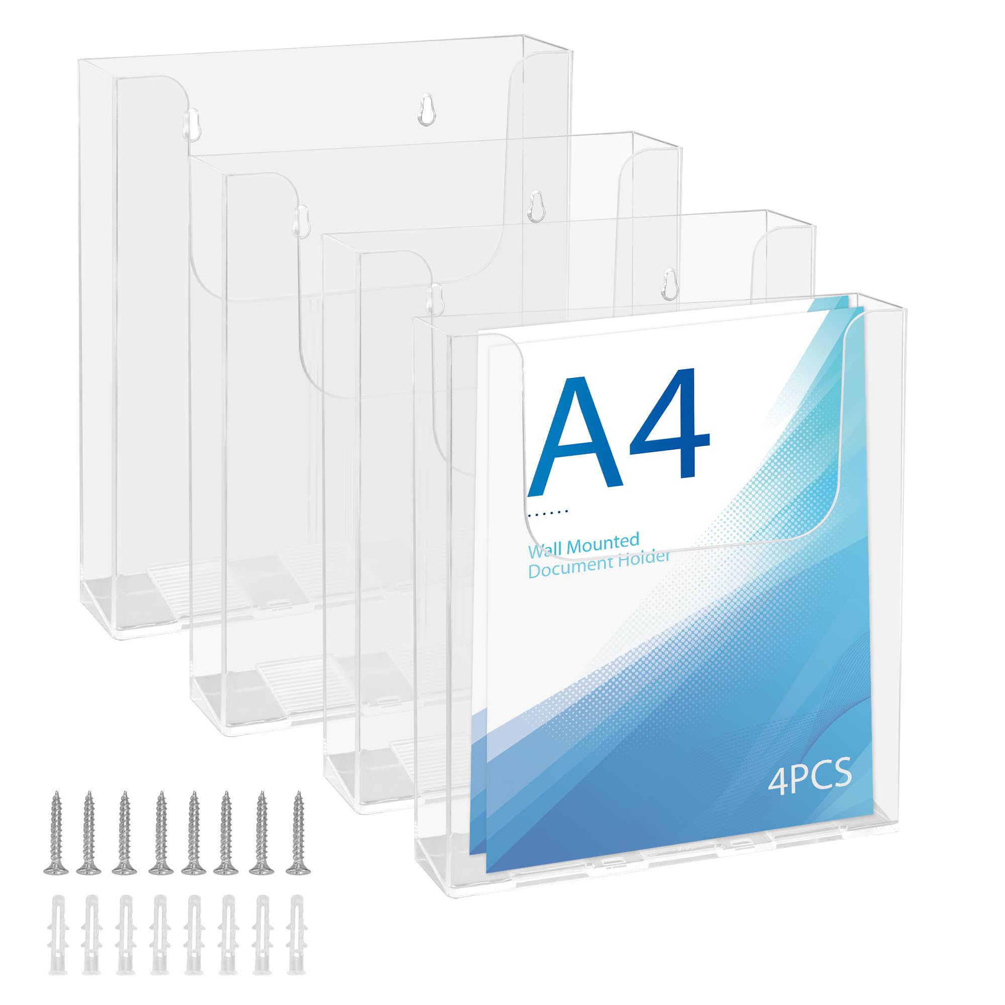 YKUKIZEE 4PCS Acrylic A4 Wall Mounted Leaflet Holder Clear, 22.5x4.2x25 cm A4 Document Holder Wall Mounted Brochure Holders Vertical for Magazine Menu File Office Restaurants Reception Library