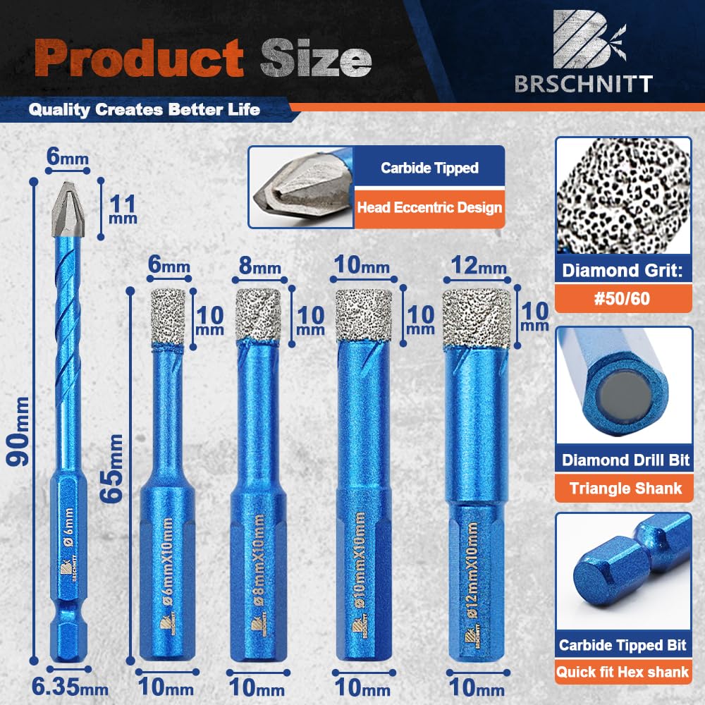 BRSCHNITT 6pcs Diamond Drill Bit Set, Triangle Shank, 1/4"+5/16"+3/8"+1/2" - Image 3