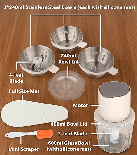 Miniatura 7 de Juego inalámbrico de procesador de alimentos pequeño 4 en 1 con cuenco de vidrio de 21.1 fl oz, 3 cuencos de acero inoxidable de 8.1 fl oz y 3+4