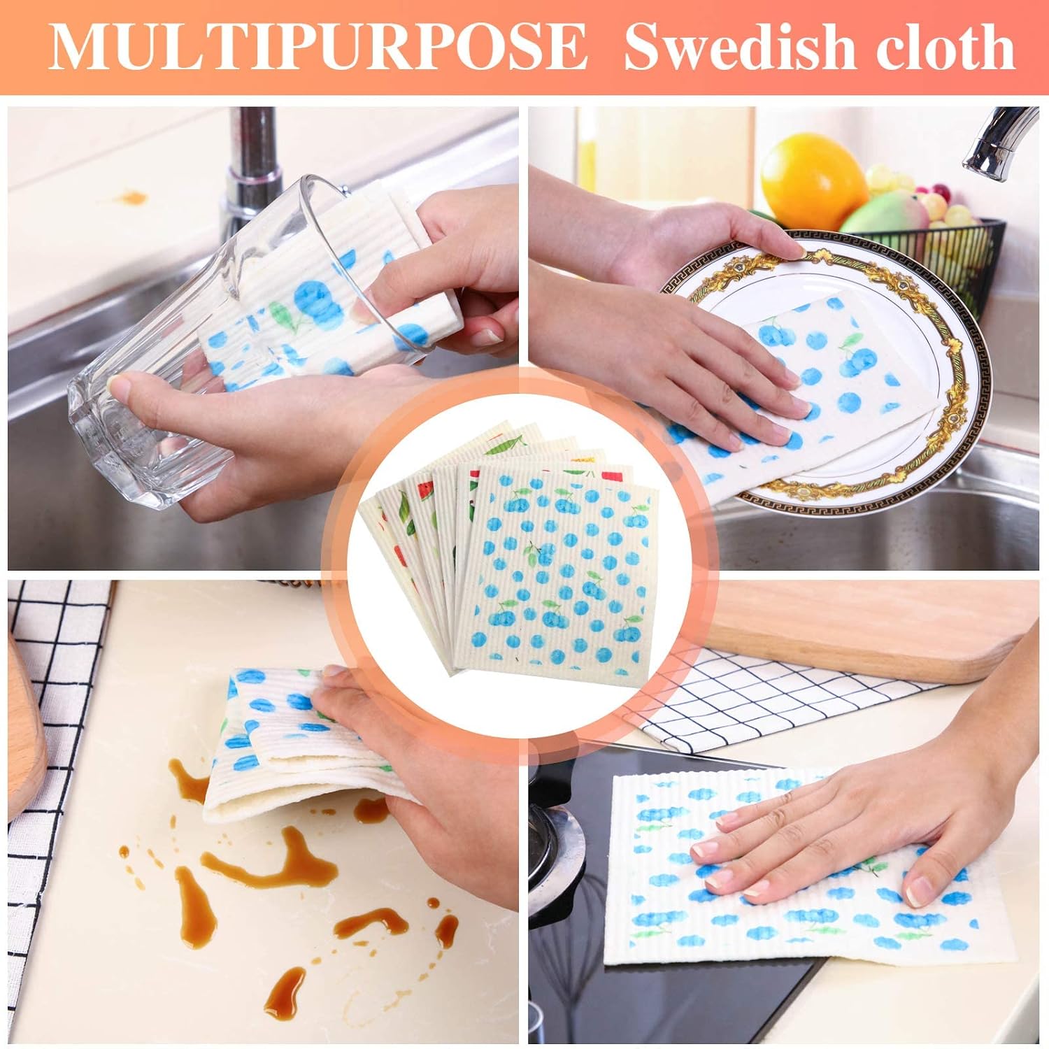 Mixed Fruit Swedish Kitchen Dishcloths Reusable Dish Towels Absorbent and Fast Dry Cleaning Cloths for Kitchen Blueberry Cherry Strawberry Lemon Pineapple Watermelon Cleaning Wipes (12 Pieces)