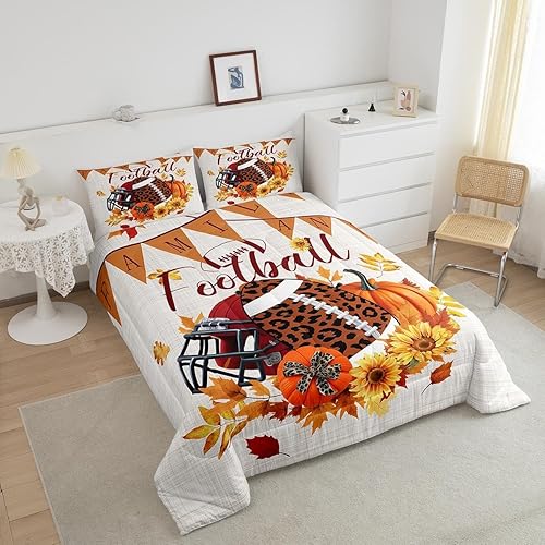 Miniatura 3 de TYTS8656ZMD-BZ_USq - Juego de edredón de fútbol americano, diseño de girasoles de calabaza otoñal, tamaño Queen, juegos deportivos de dibujos