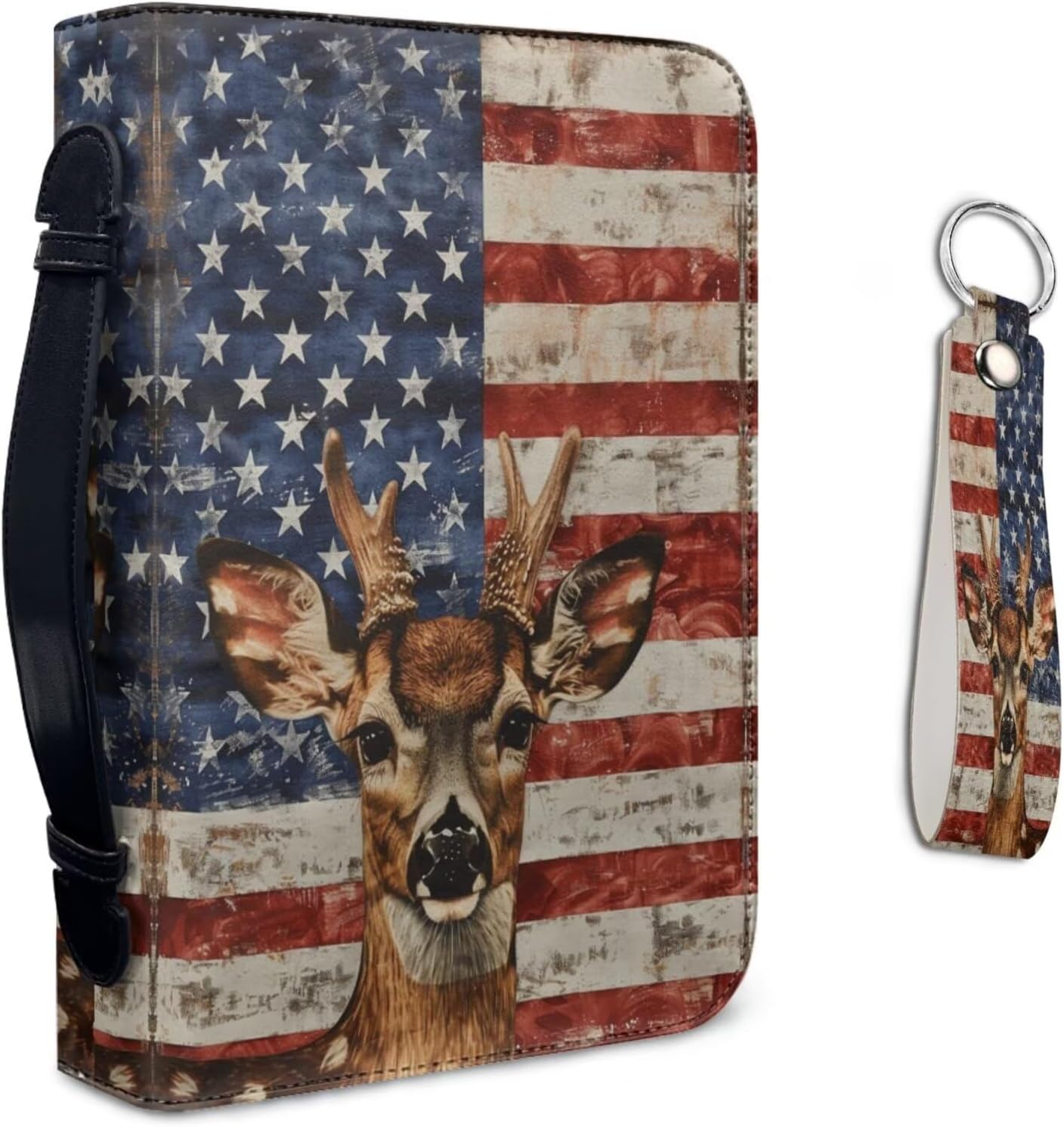 Lotusorchid Deer Print Bible Carrying Case American Flag Bible Cover with Leather Keychain, PU Leather Bible Holder Bible Cover Case for Men Women, Bible Study Supplies, Blue and Red, Size 2XL