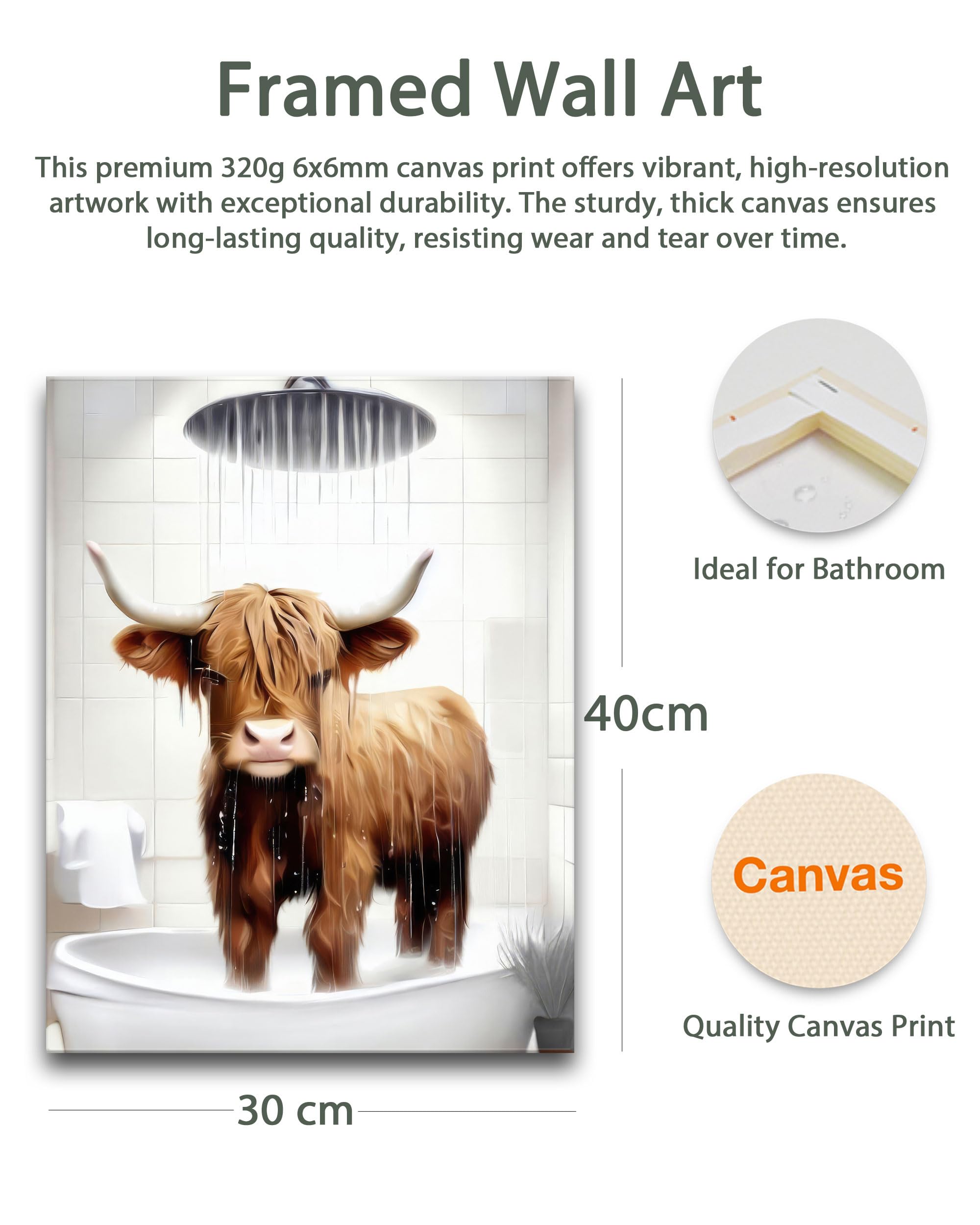 HesenDot Highland Cow Shower Framed Wall Art,30x40cm Funny Bathroom Canvas Print,Cute Bull Poster,Lovely Animal Picture Wall Decor for Bathroom Kid Room Bedroom Nursery,1 Pack - Image 2