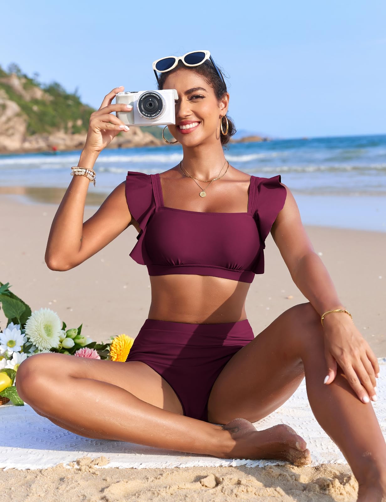 UMIPUBO Costume Donna Due Pezzi Bikini Vita Alta Curvy Pancia Pieghe Contenitivo Modellante Collo Quadrato Volant Mare Costume Da Bagno Estivo