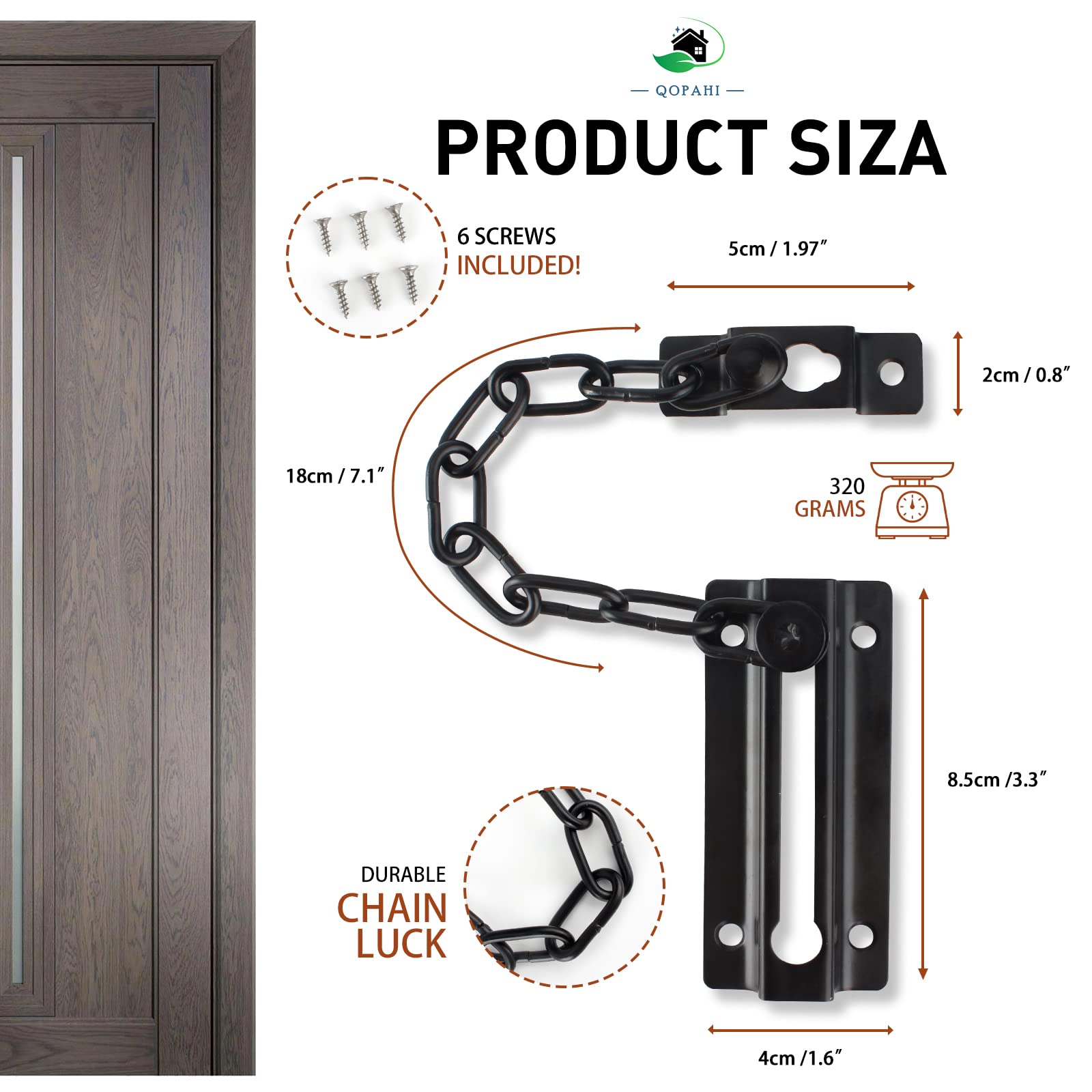 QOPAHI Door Chain Lock for Front Door Internal Door Security Chain 85×40mm Safety Locks Door Chains for Upvc Doors Fit for Home Bedroom Bathroom Hotel Preventing Unauthorized Intrusion(Black) - Image 2