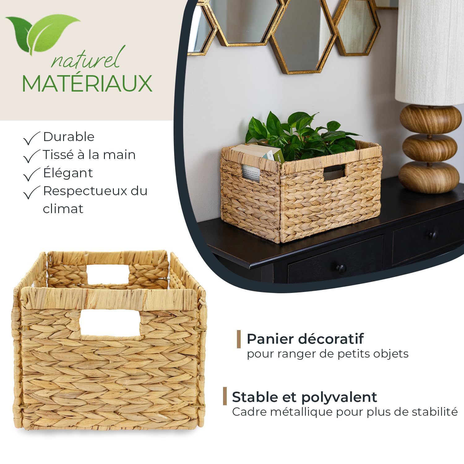 HMF Panier de rangement compatible avec étagère Billy, Panier tressé en jacinthe d’eau avec trois poignées | lot de 4 | 35 x 25 x 20 cm | naturel