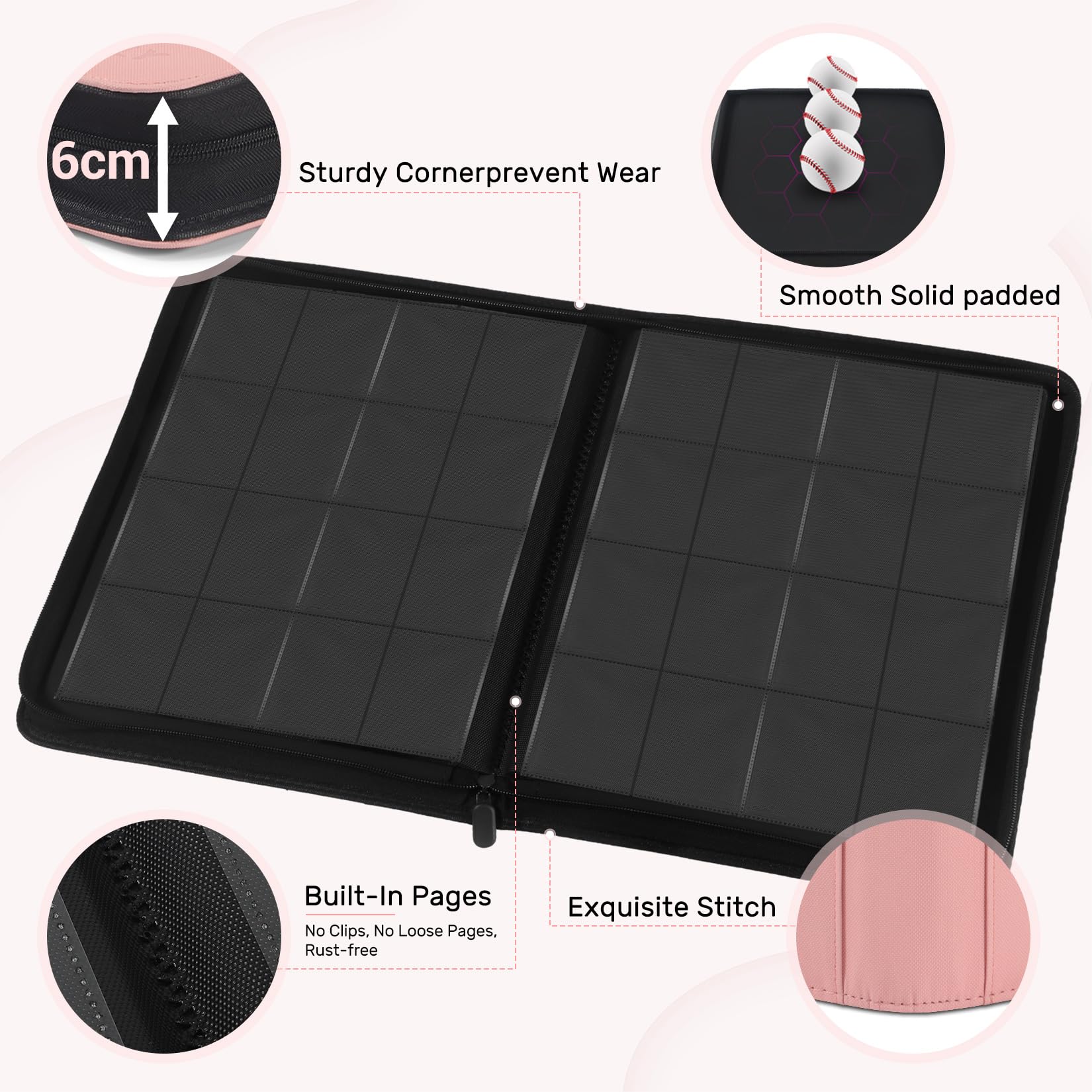 WITHYU Album da Collezione per Carte - 32 Pagine Capacità 1024 Carte, Portacarte Impermeabile & Antigraffio con Tasche Laterali per TCG/Gioco/Sport, Design Senza Anelli con Zip (Rosa)