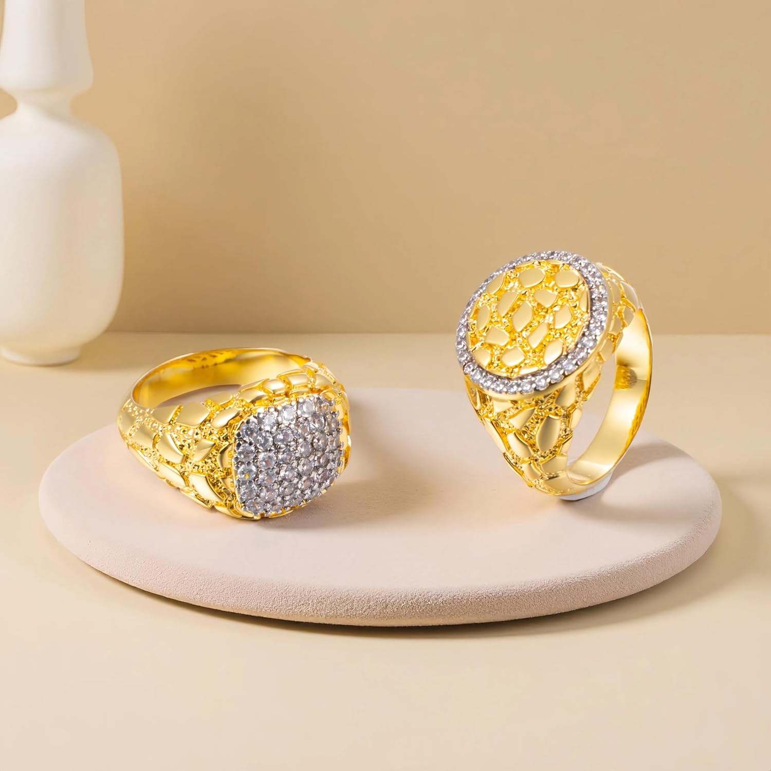 Jewelry | 5x2mm White Zircon Stones Gold Nugget Ring | Square Flat Top Ring for Men & Women | Platinum & 14K Gold Plated, Hip Hop Jewelry - Image 3