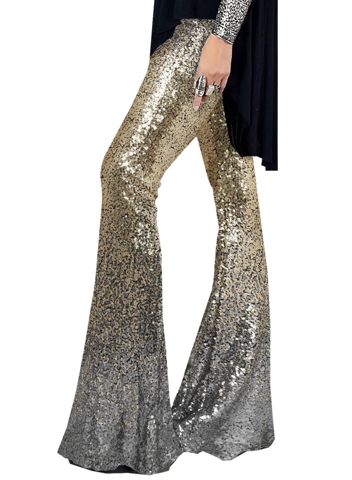 EVALESS Women Sequin Pants Sparkly Glitter High Waisted Wide Leg Flare Trousers Bell Bottom Night Out Clubwear