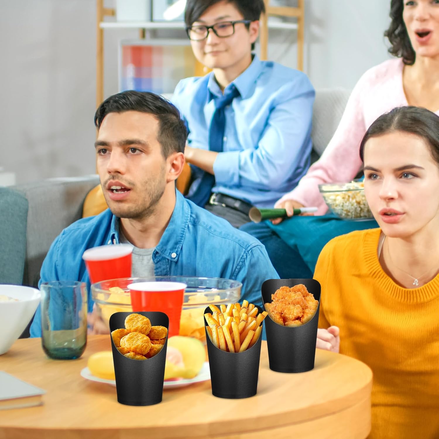 100 Pcs Disposable Black Paper French Fry Holders 14oz Snack Cups Charcuterie Popcorn Boxes for Party and Event Tableware
