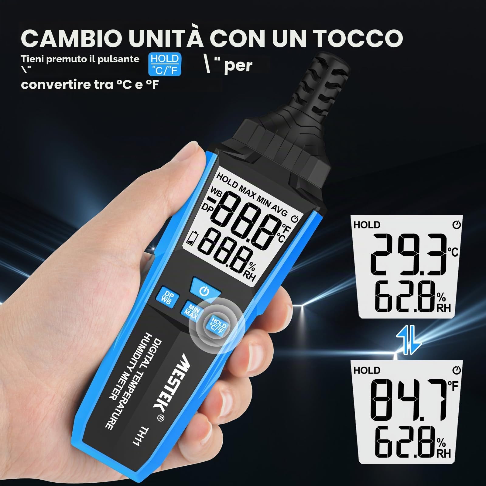 Igrometro Digitale Interni MESTEK, Termometro Ambiente Interno, Portable Monitor di Temperatura e umidometro, Punto di Rugiada e Temp di Bulbo Umido, per Industria Agricoltura in Ufficio e in casa
