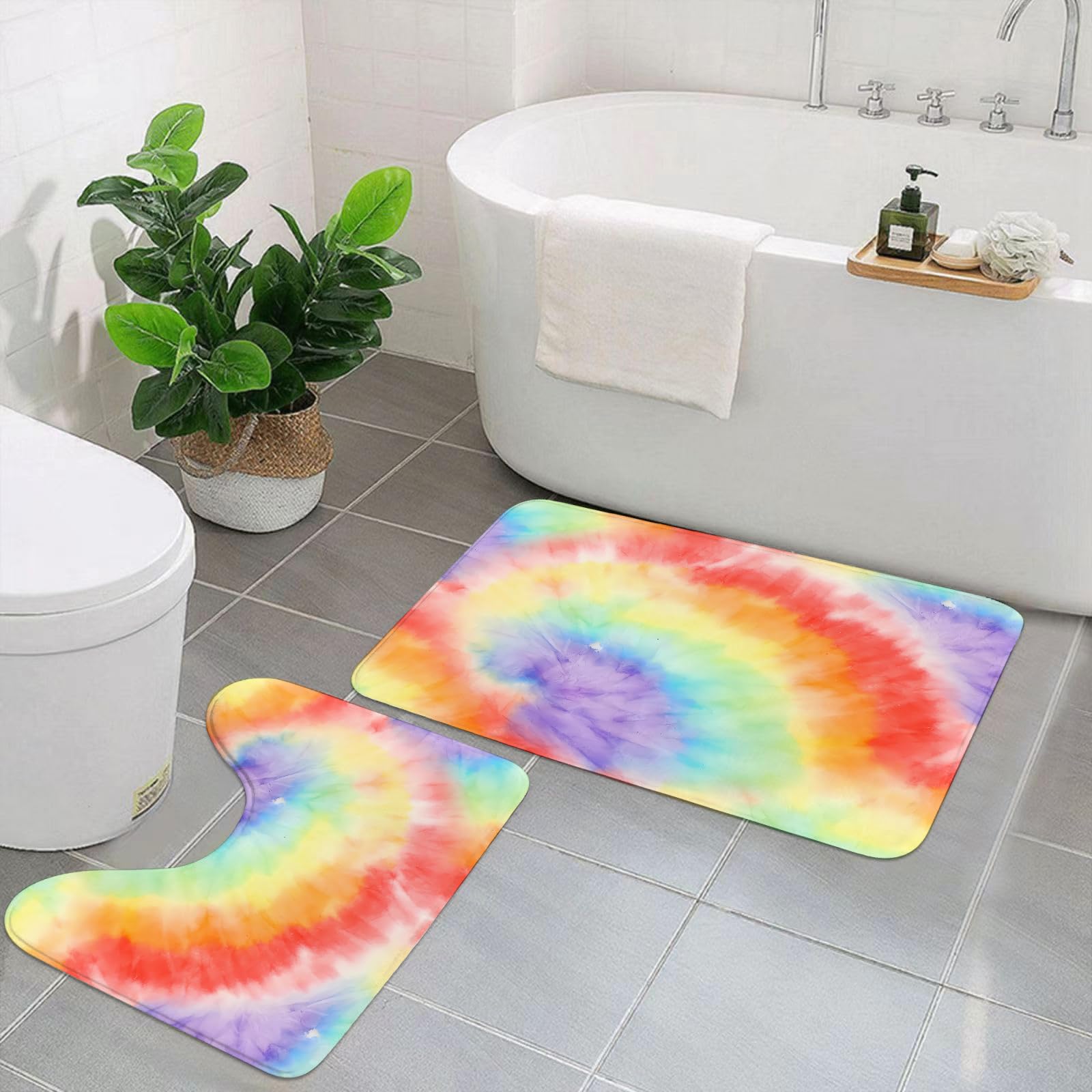 Set di 2 tappetini da Bagno, Lavabili in Lavatrice e Antiscivolo, tappetini in Morbida Fibra Superfine, Design Tie-Dye. Pittura Sporca a Fantasia Floreale. Tie-Dye Senza Cuciture