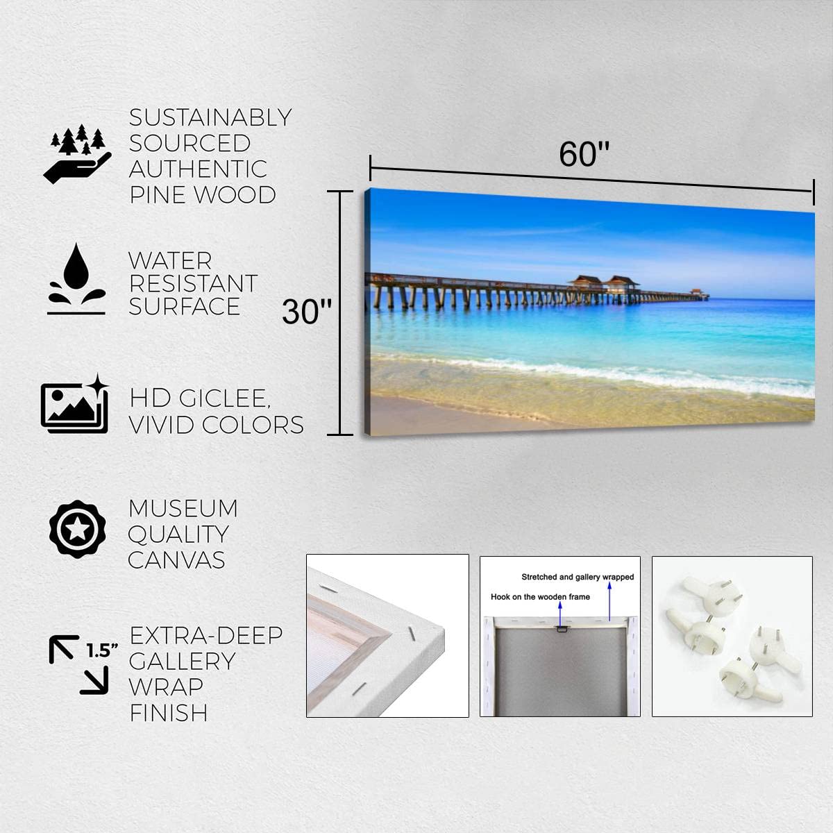 Naples Florida Pier Canvas Wall Art - Wooden Framed Landscape Painting, 20x40 Inches, Ready To Hang