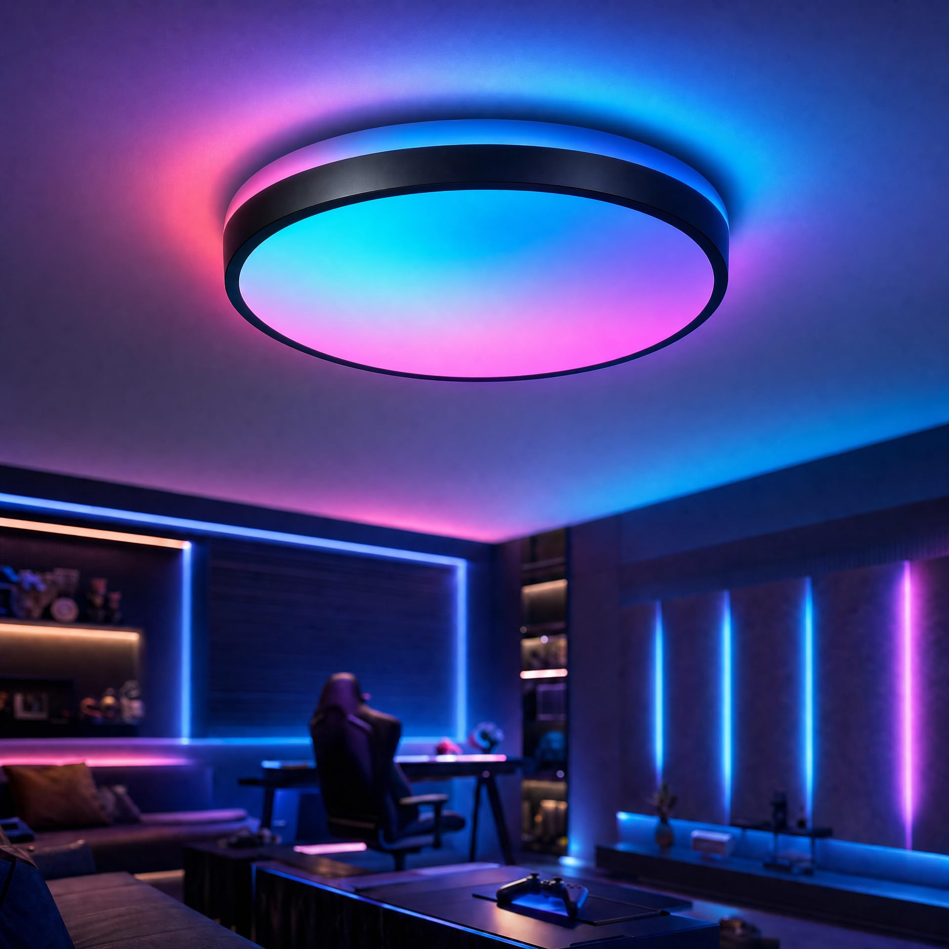 Lampa sufitowa Bluetooth 24 W z głośnikiem 30 cm, lampa sufitowa LED, muzyka i pilot zdalnego sterowania, zmiana koloru do łazienki w pokoju dziecięcym (czarna)