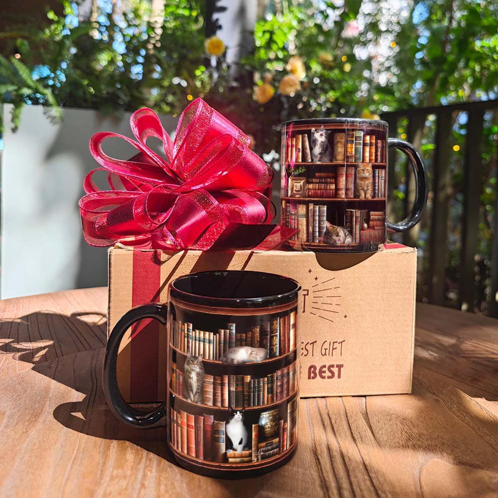 Cat Book Coffee Mug Gifts for Book Lovers, Bookish Mug Gifts for Readers, Library Bookshelf Cup, Cat Lovers Black Mugs 11oz - Image 2