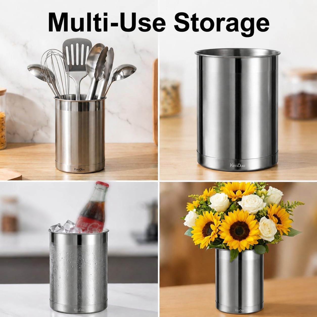 KSENDALO Utensil Holder Stainless Steel 6.3inch Deep, Silver
