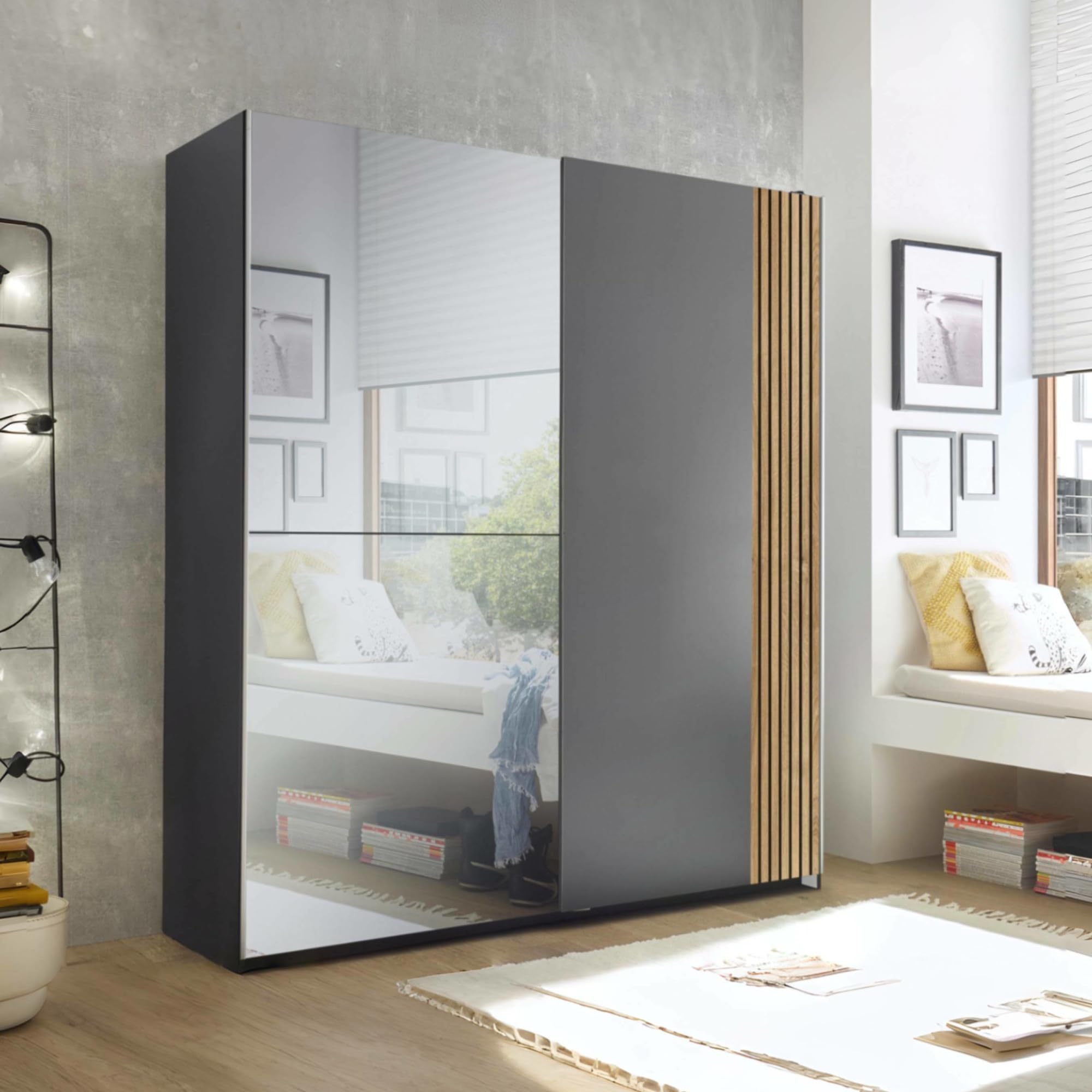 Julian Bowen - Berno Wardrobe - Sliding 2 Door - Mirrored - Grey - 196 x 170 x 58cm