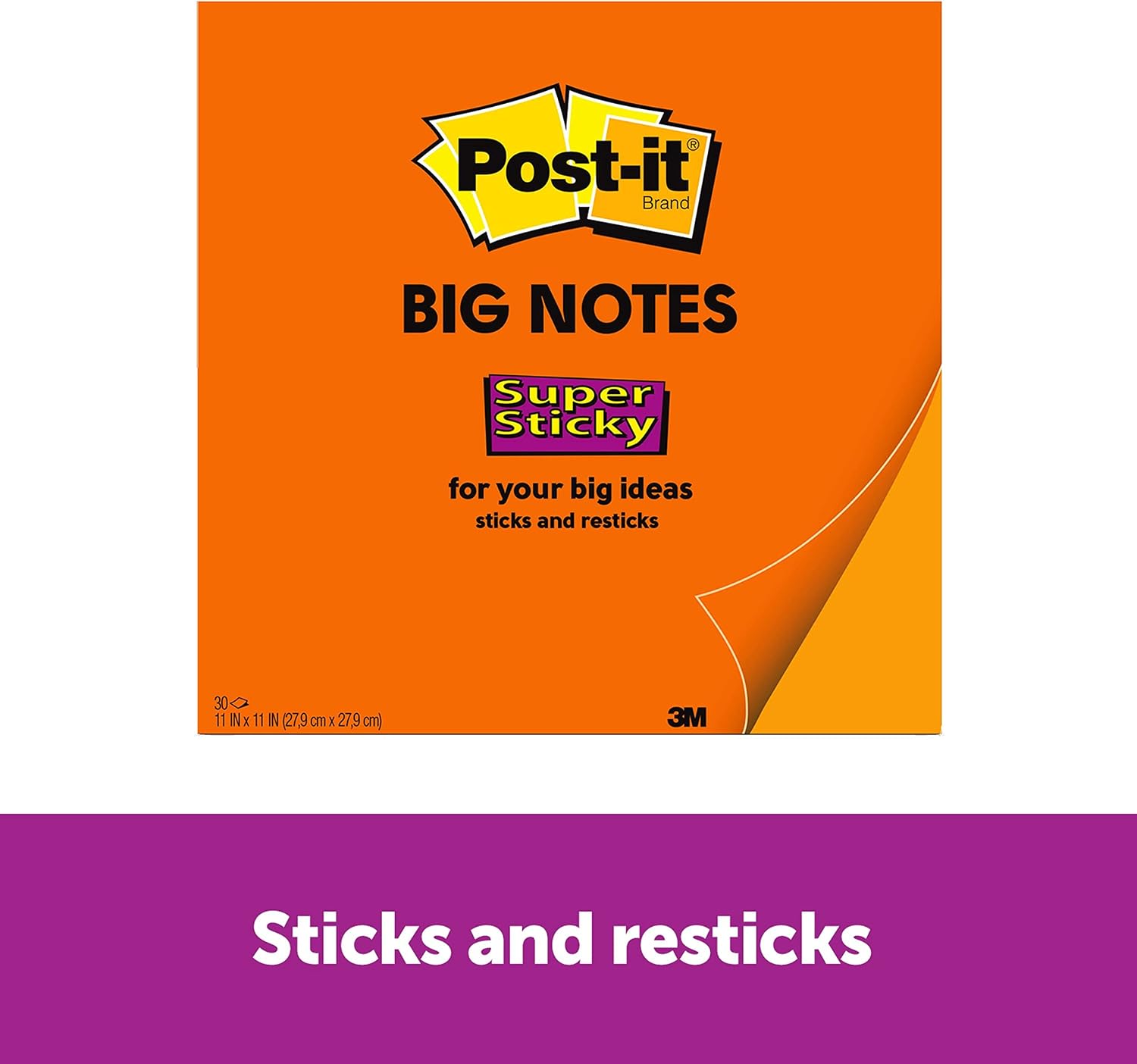 Post-it Super Sticky Big Notes, 11 in x 11 in, 1 Pad, 2X The Sticking Power, Neon Orange (BN11O)