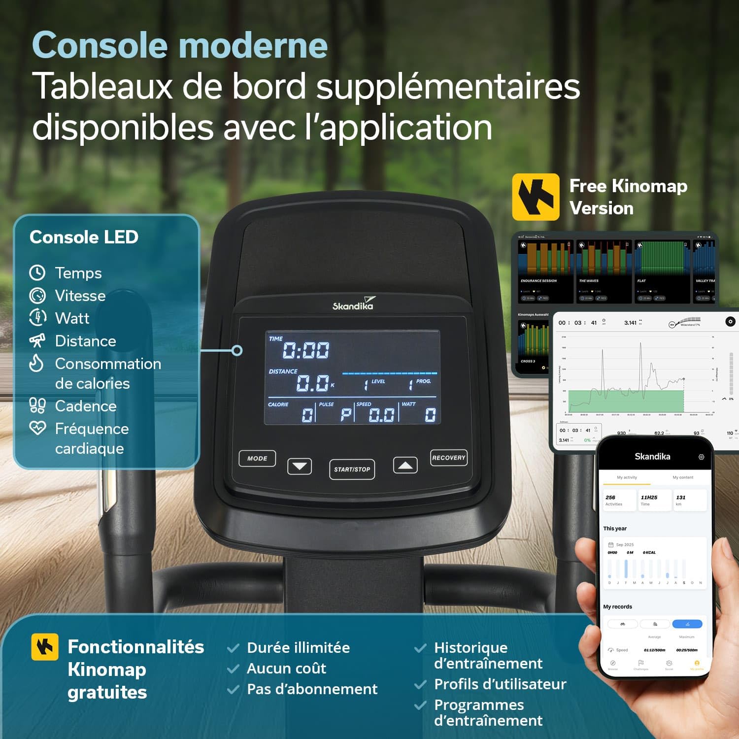 Skandika Vélo elliptique Treliv P22 | Vélo elliptique d'appartement avec éléments en Bois, 32 Niveaux, 22 programmes, Frein magnétique, Compatible avec Kinomap, Bluetooth, Max 135KG
