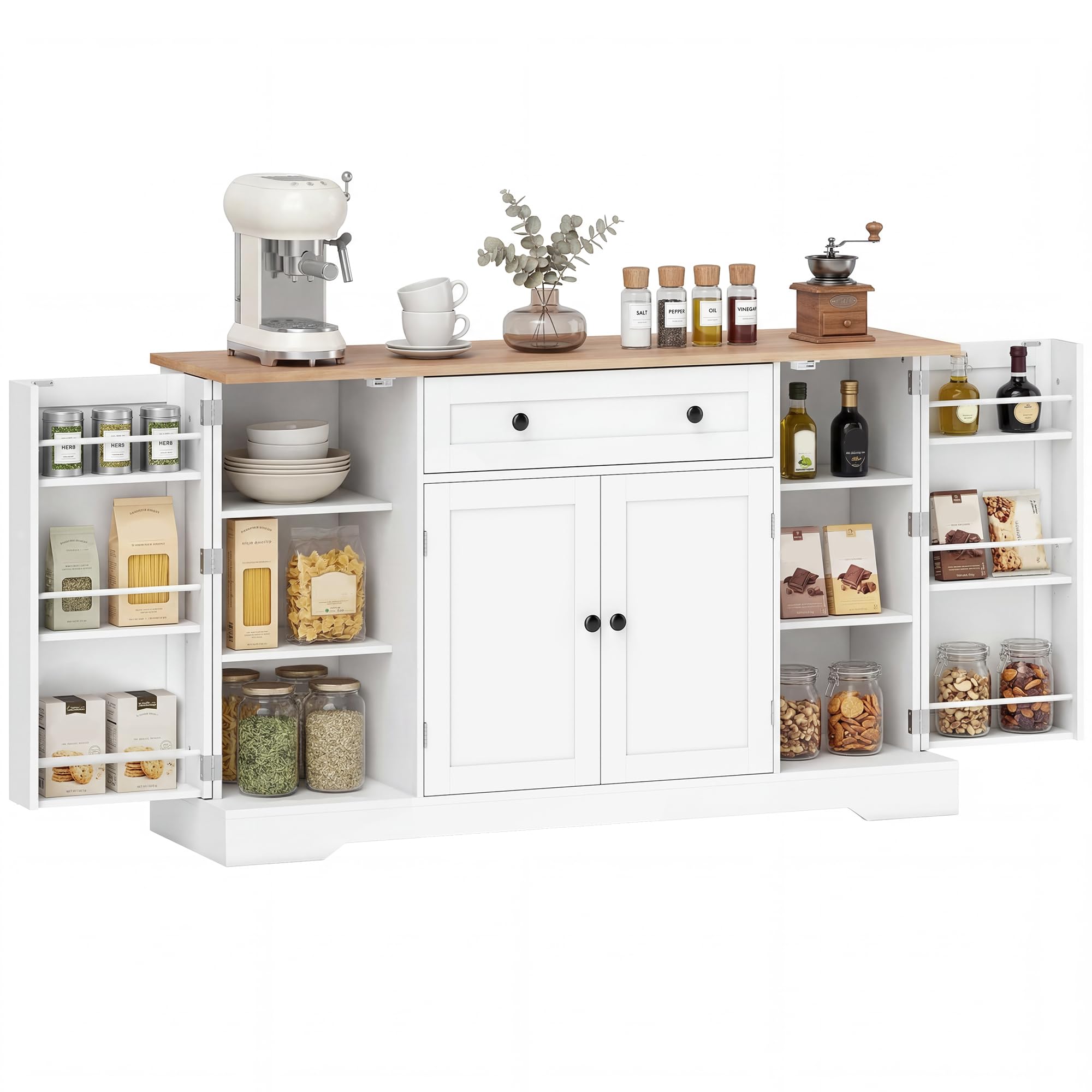 HOMCOM Aparador Armario de Cocina Moderno con Cajón 138x40x83,5 cm Blanco | Estantes en las Puertas, Estantes Ajustables, Barra de Café, para Cocina, Comedor