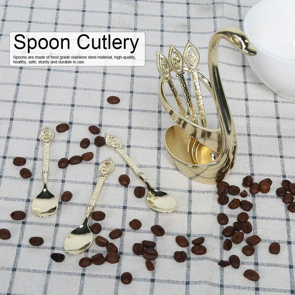 Set 6 Cucchiai Da Dessert In Acciaio Inox Con Portacucchiaio A Forma Di Cigno | Posate Eleganti Per Caffè E Bar | Regalo Originale | Oro